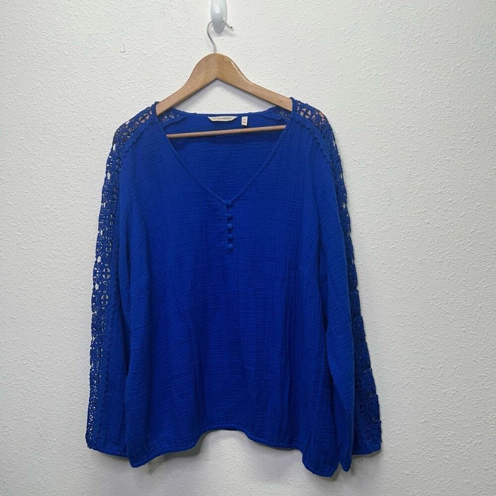 Soft Surroundings Women's L Blue Gauze V-Neck Lace Long Sleeve Blouse